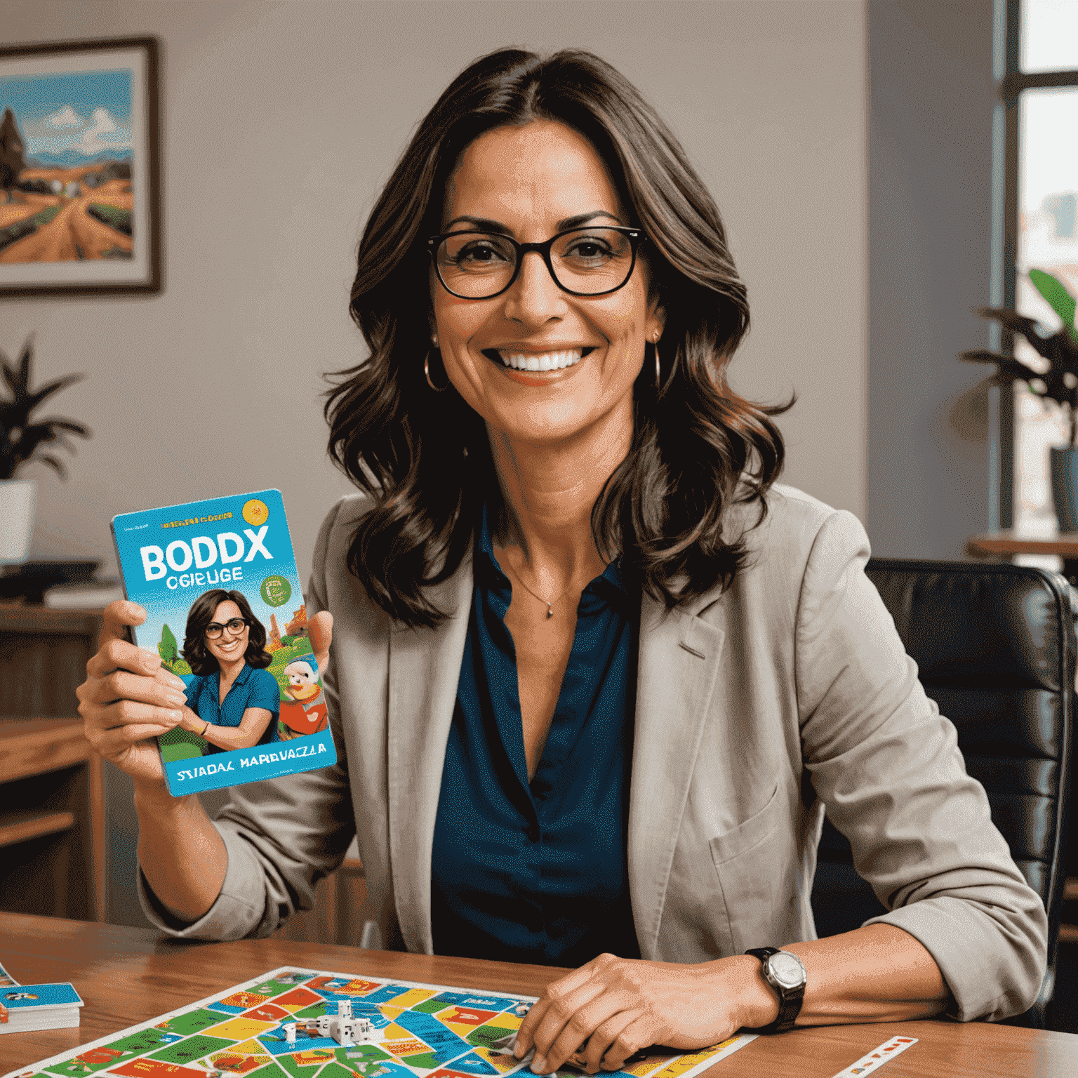 Foto de María González, fundadora de Boardx. Mujer de mediana edad con cabello oscuro y gafas, sonriendo mientras sostiene un juego de mesa.