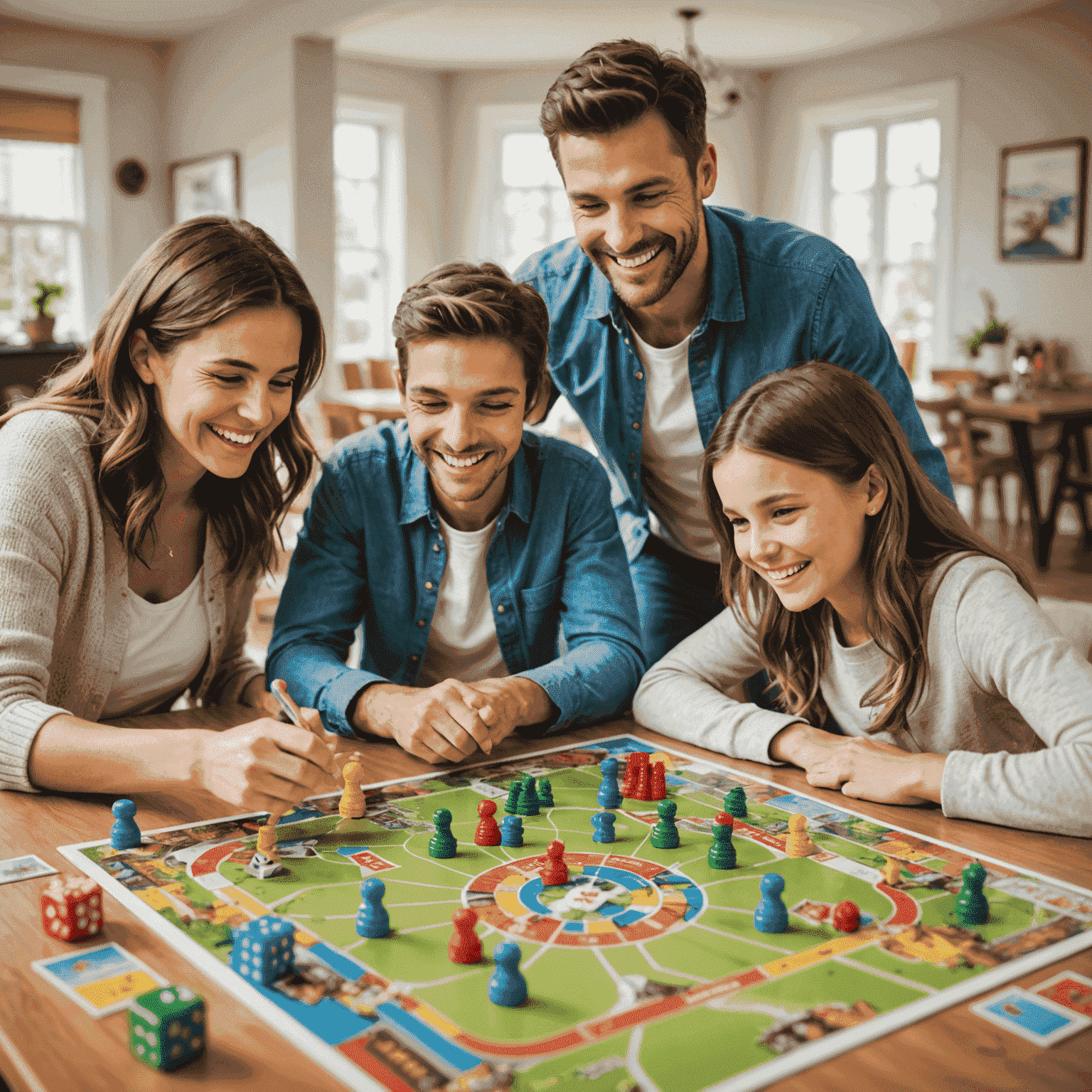 Variedad de juegos de mesa coloridos dispuestos en una mesa con una familia sonriente jugando en el fondo