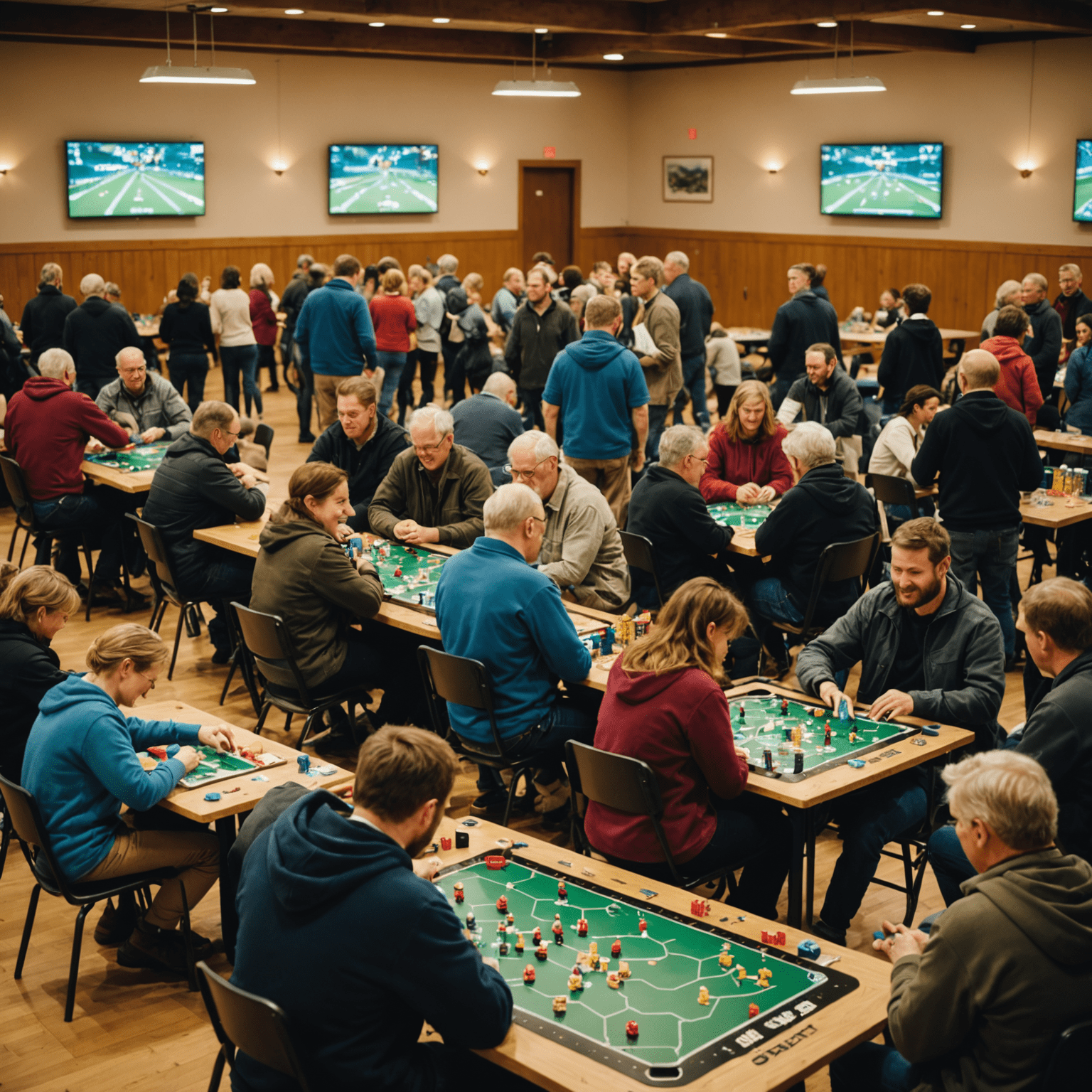 Imagen de un gran salón lleno de mesas con personas jugando diversos juegos de mesa. En primer plano, se ve un grupo emocionado jugando Catan.