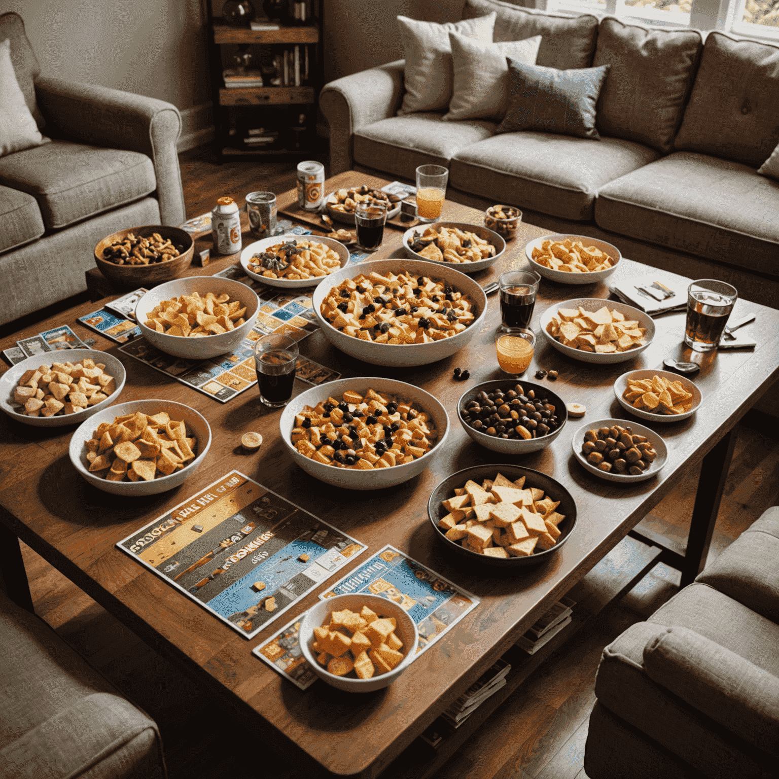 Mesa preparada para una noche de juegos con varios juegos de mesa, aperitivos y bebidas