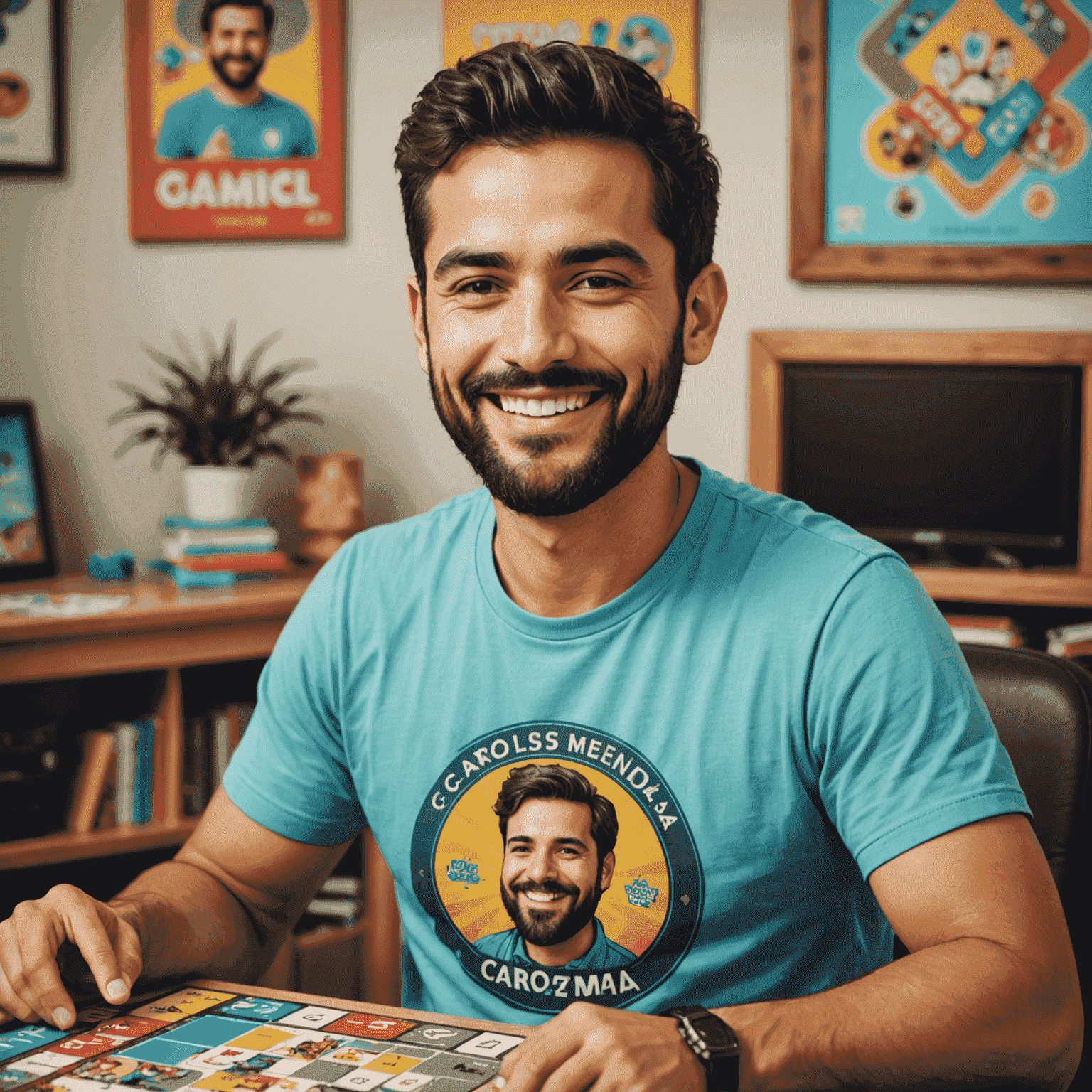 Foto de Carlos Mendoza, experto en juegos de mesa. Hombre joven con barba, vistiendo una camiseta con logo de juego de mesa, sonriendo a la cámara.