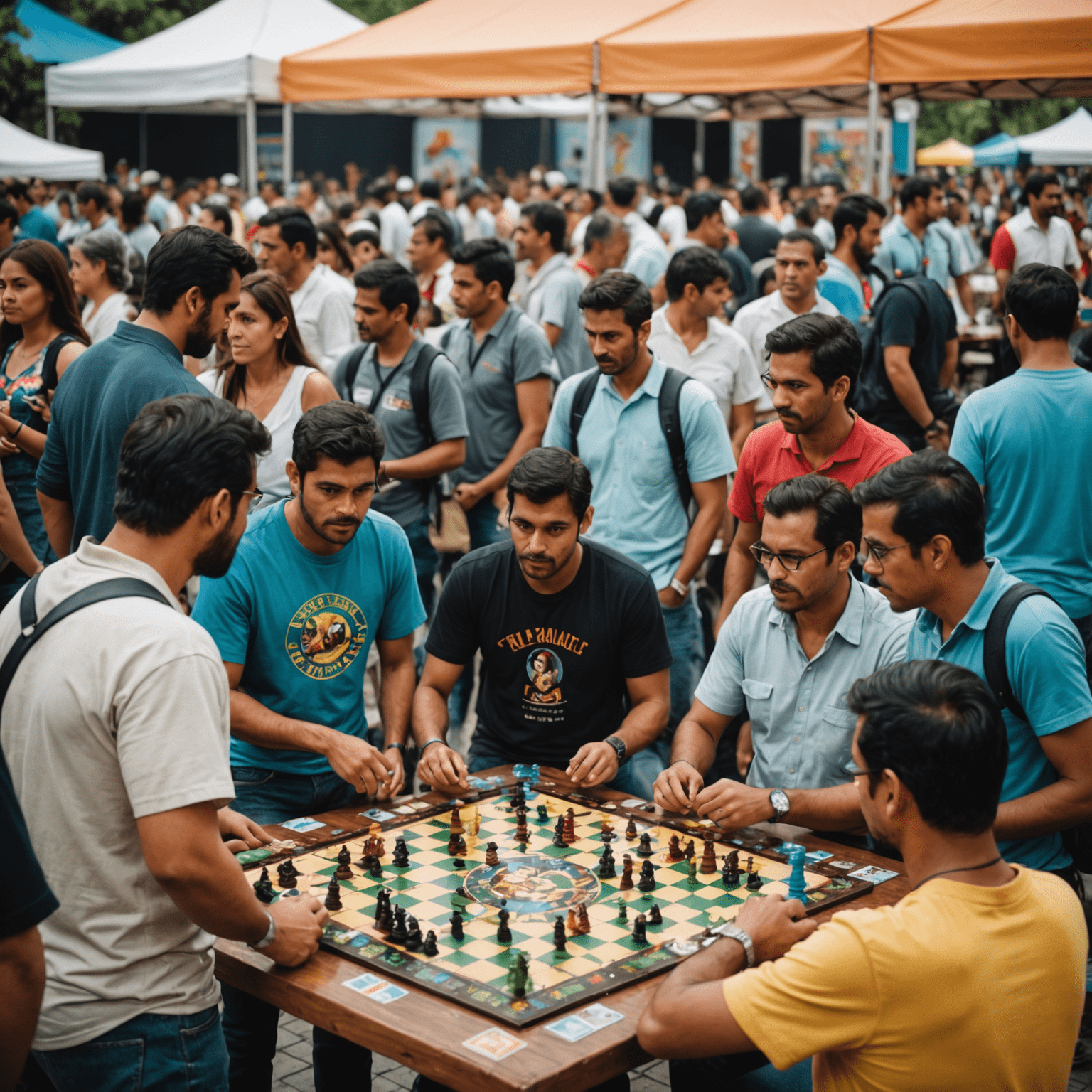 Multitud de personas en un festival de juegos de mesa en Guayaquil, con stands y mesas de juego visibles