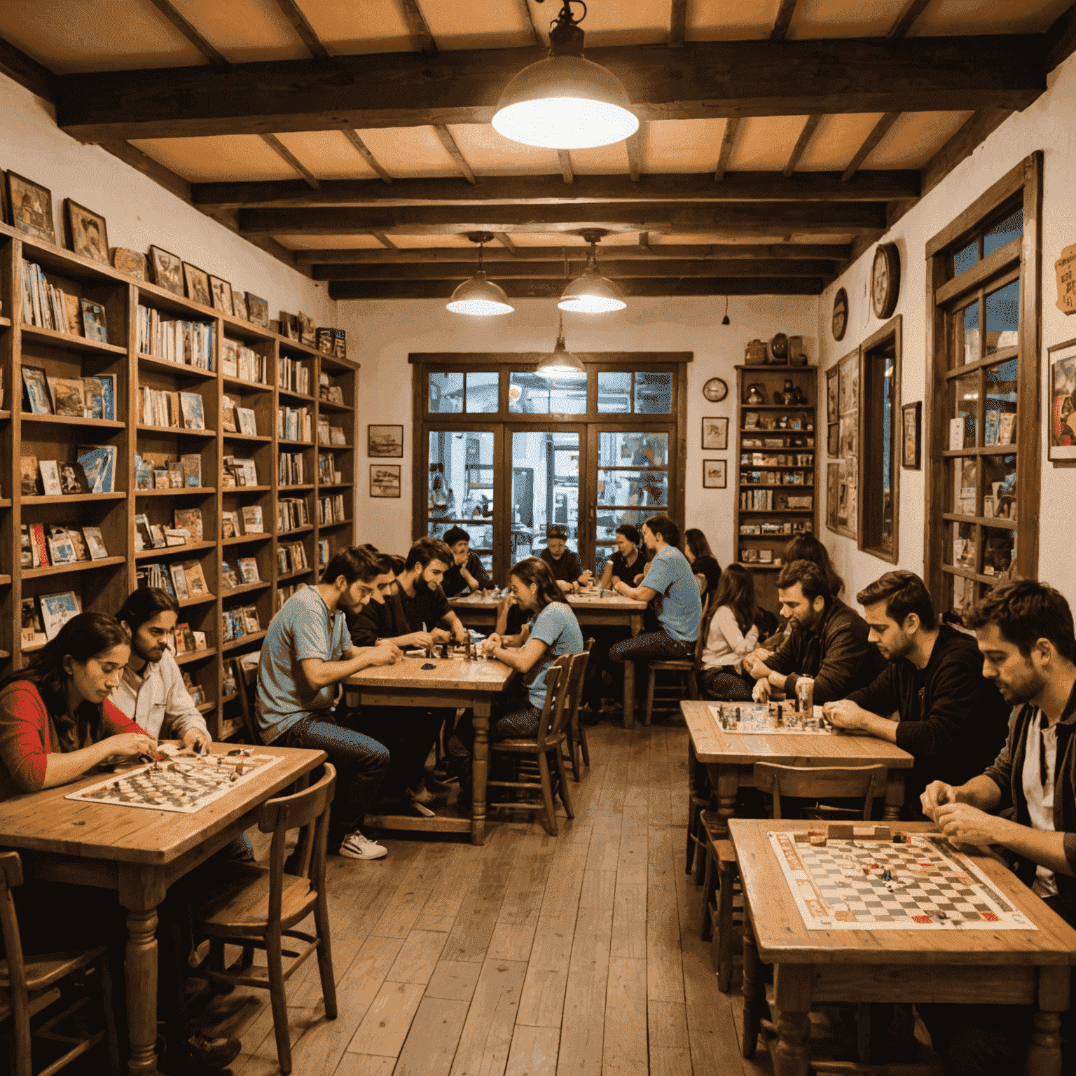 Interior de El Peón con estanterías llenas de juegos de mesa y mesas de madera donde grupos de amigos juegan