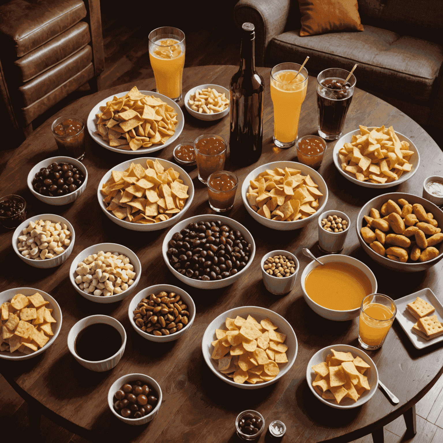 Variedad de aperitivos y bebidas dispuestos en una mesa para noche de juegos