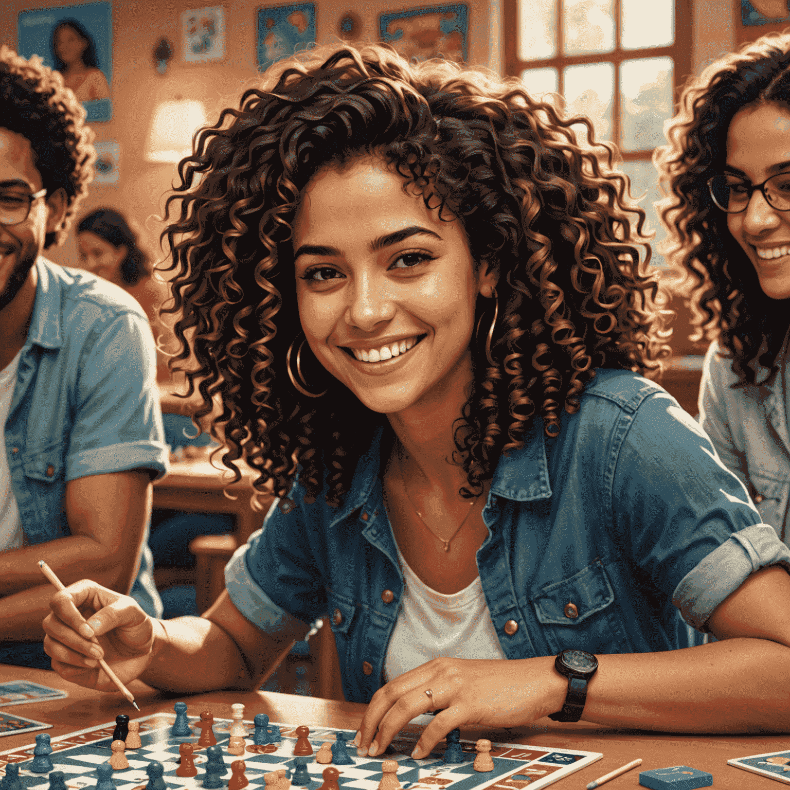 Foto de Ana Pérez, coordinadora de comunidad. Mujer joven con cabello rizado, sonriendo ampliamente mientras juega un juego de mesa con amigos.