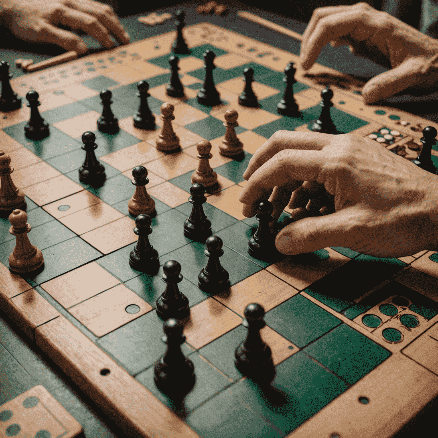 Primer plano de un tablero de juego con piezas estratégicamente colocadas y manos de jugadores pensando su próximo movimiento