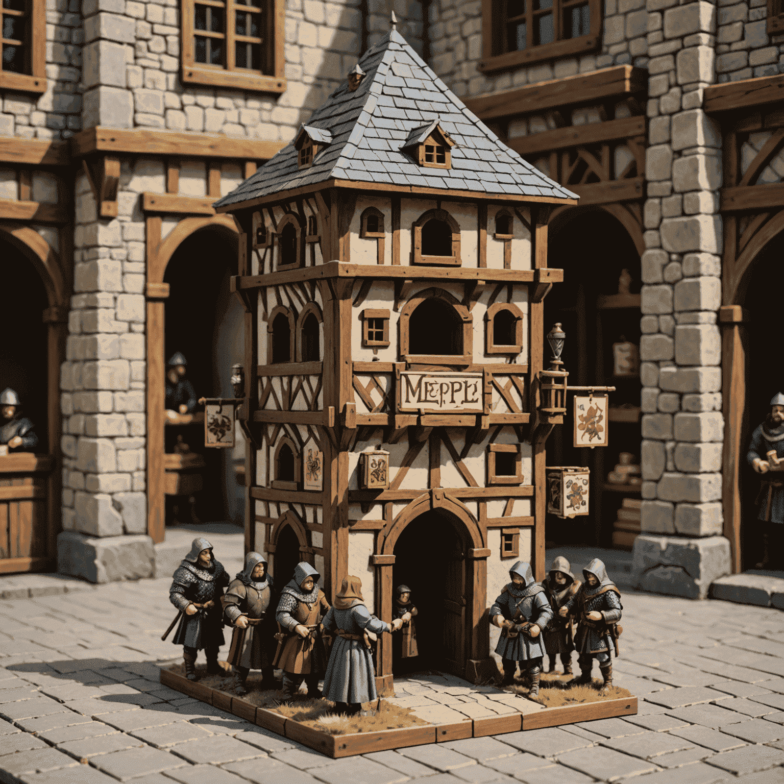 Fachada de La Torre del Meeple con decoración medieval y clientes entrando con cajas de juegos bajo el brazo