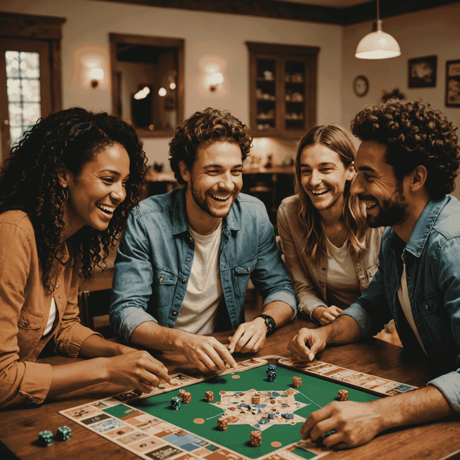 Grupo de amigos disfrutando de una noche de juegos de mesa, riendo y jugando juntos