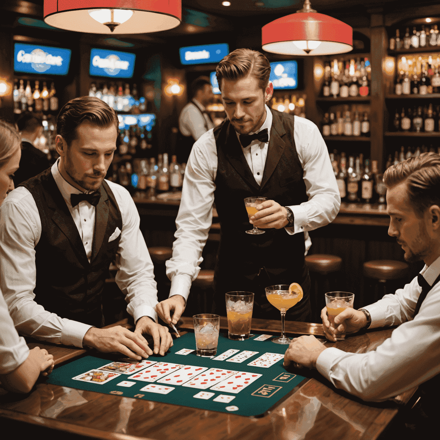 Barra de Dados y Cartas con bartenders preparando cócteles temáticos y clientes jugando juegos de cartas en mesas altas