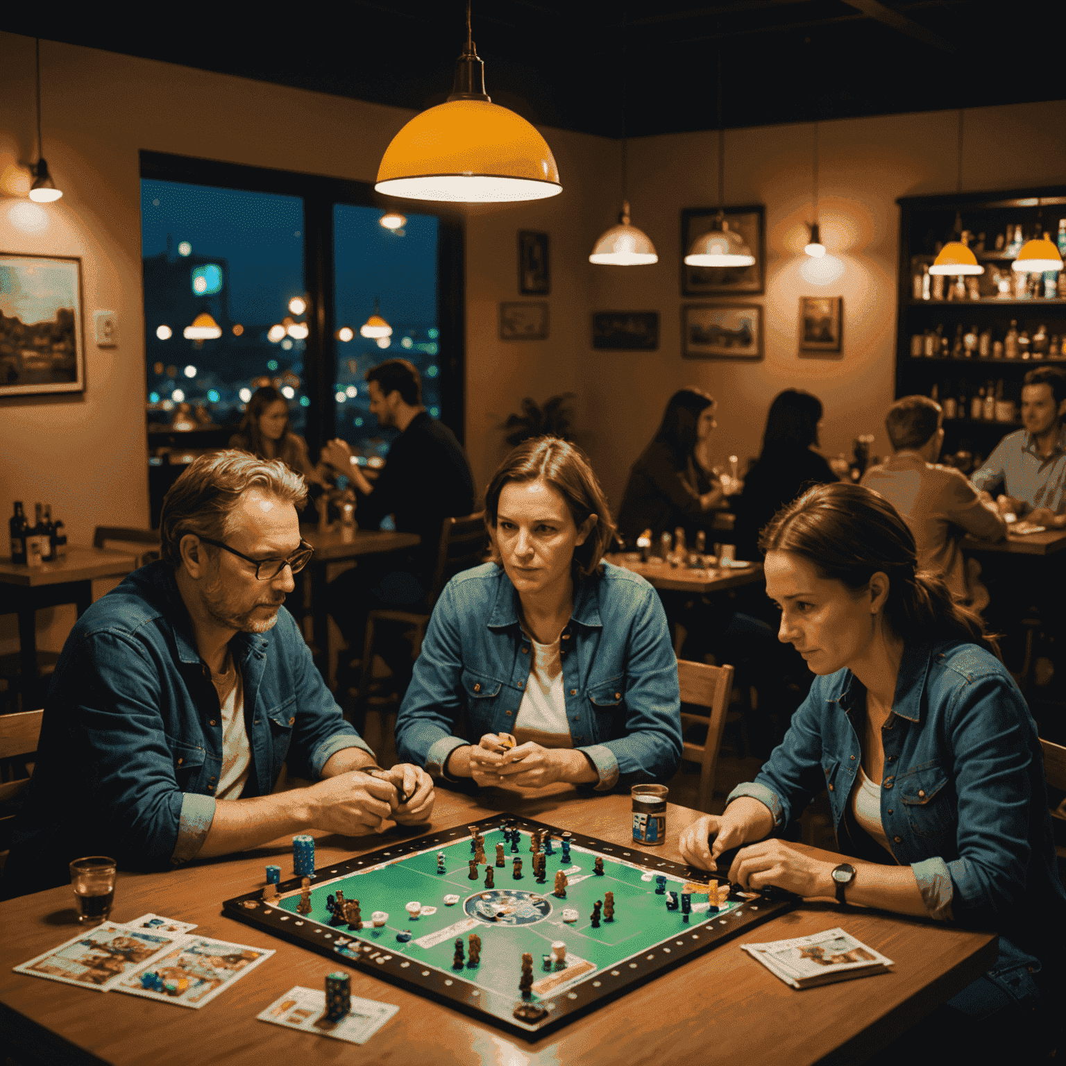 Ambiente nocturno con adultos jugando juegos de mesa complejos. Se ven bebidas y aperitivos en las mesas.