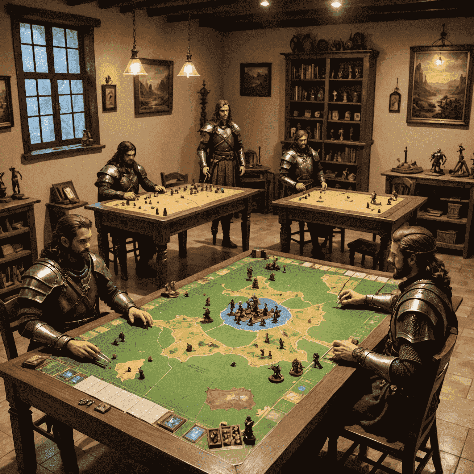 Sala de juego de El Rincón del Rol con una partida de rol en progreso, mapas y miniaturas sobre la mesa