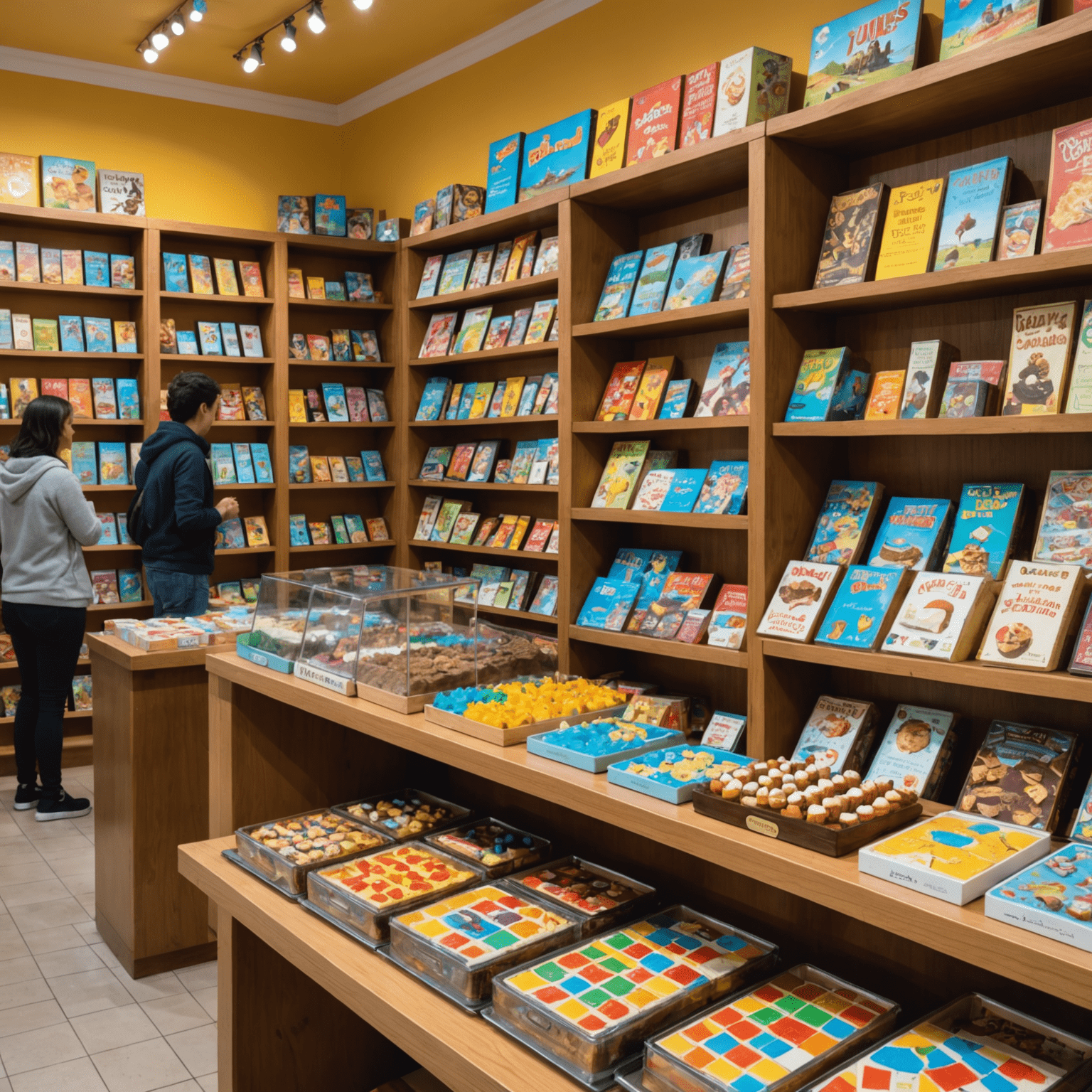 Vitrina de pasteles en Tablero y Taza junto a estanterías de juegos coloridos, con familias jugando en las mesas